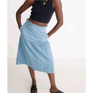 Madewell Denim Pull-On Ruffle Midi Skirt Sz S Blue Normandie Wash Boho $108